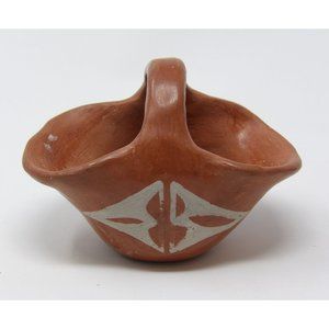 Vintage Handmade Miniature Terracotta Glazed Bridal Basket 3" H x 4 1/2" L x 2 3